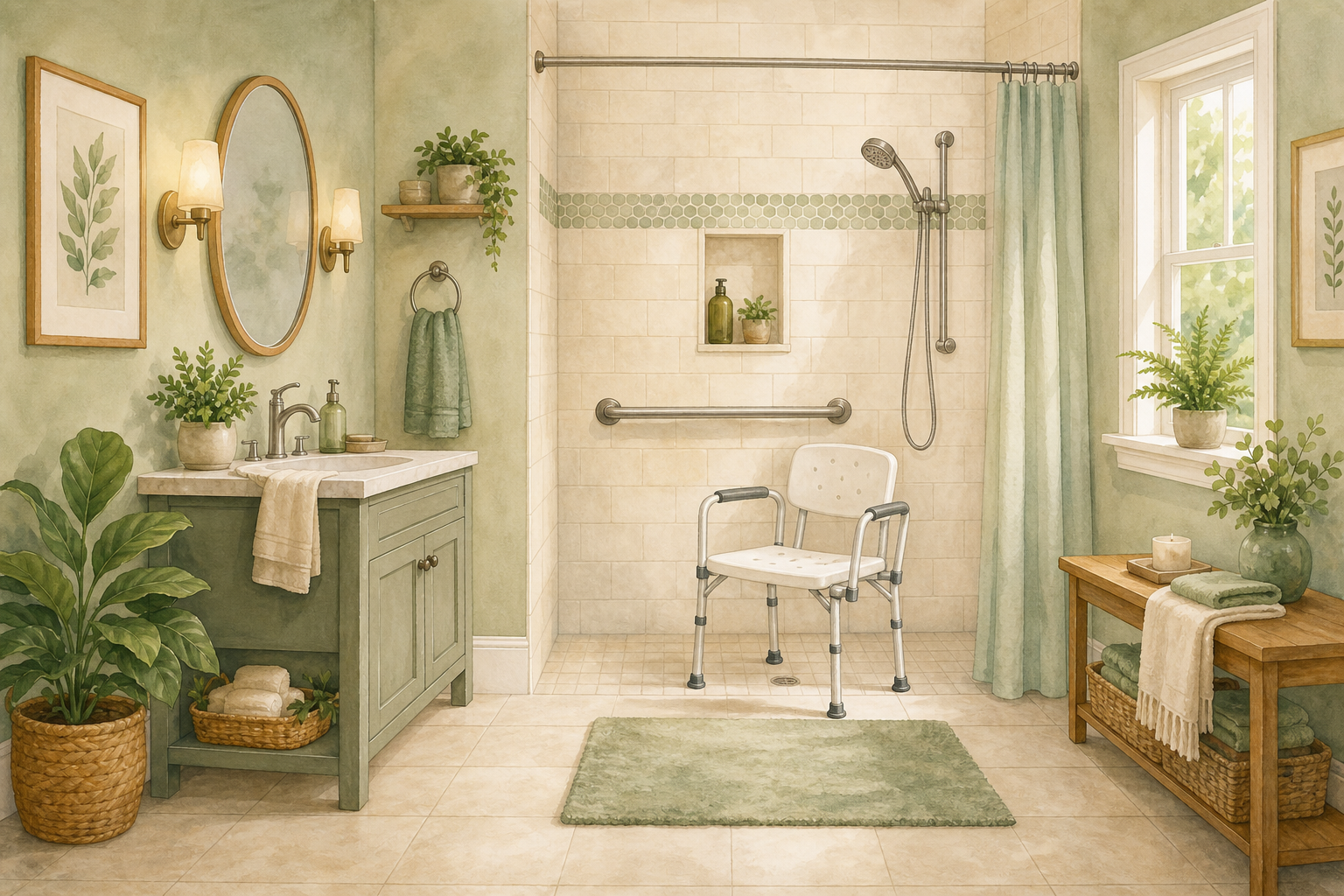 Illustration: shower chair and grab bar in a home bathroom; warm editorial watercolor style; no text in the image.
