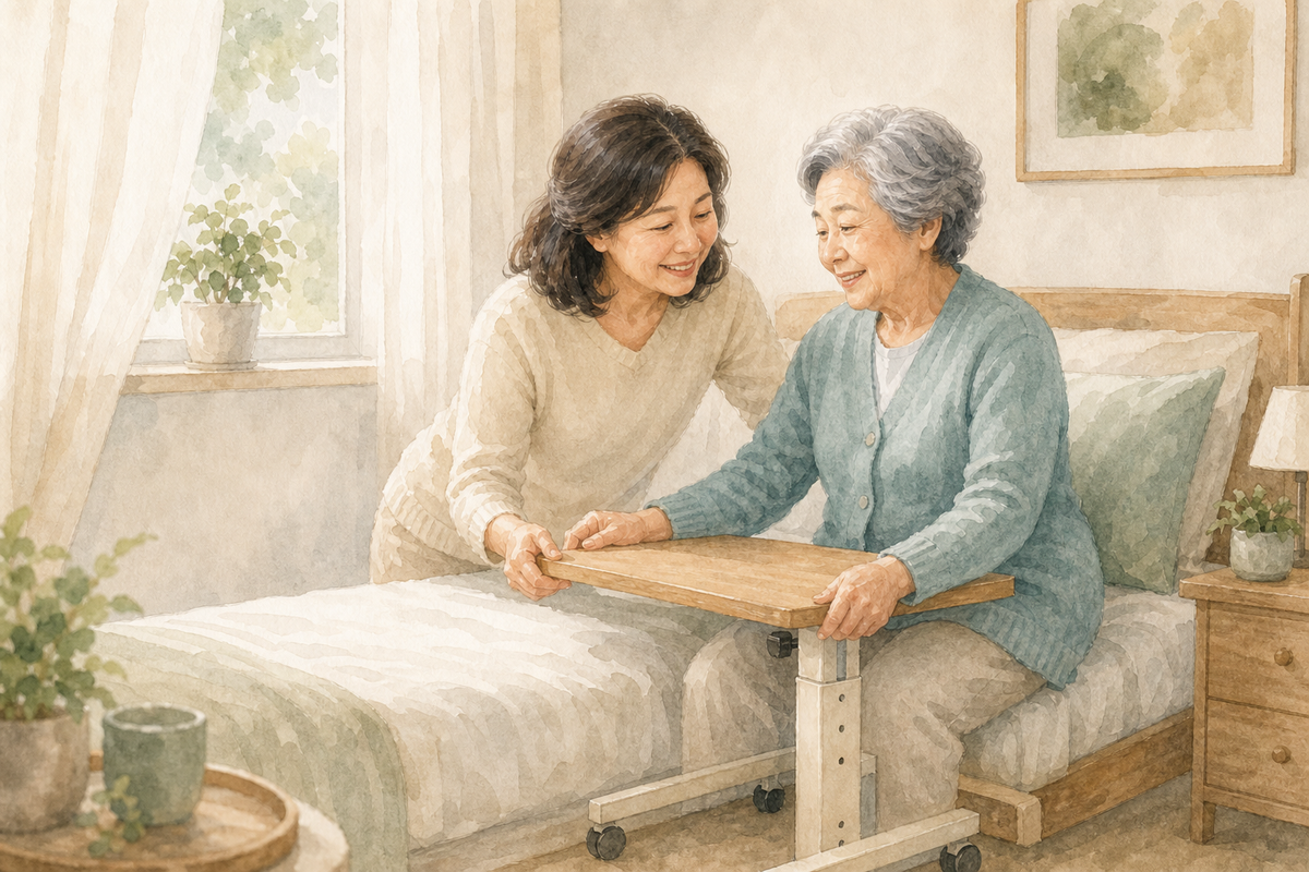 Watercolor illustration of an older woman and a caregiver adjusting an overbed table beside a bed.