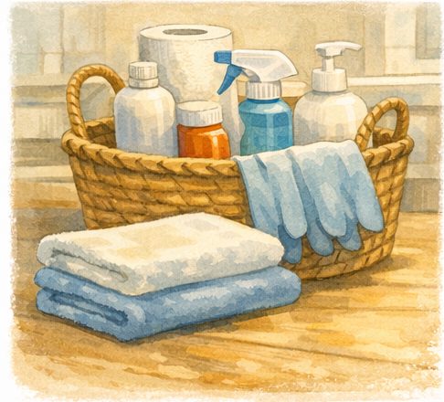 Wicker basket with cleaning supplies including bottles and cloths on a wooden surface.