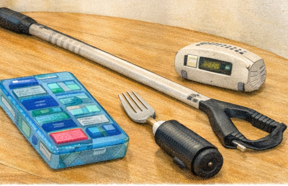 Daily living aids including a reacher, pill organizer, and adaptive utensils on a table.