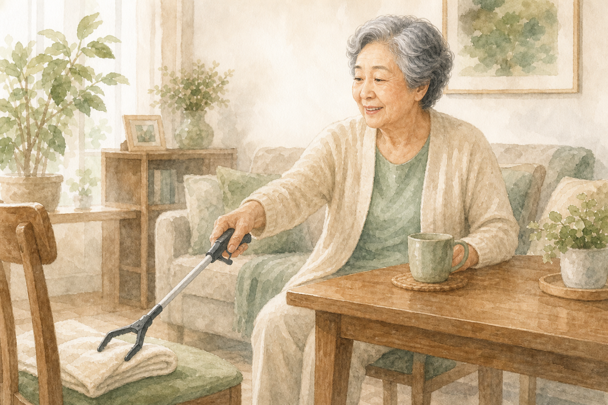 Older adult seated beside a table using a reacher to retrieve a light cloth.
