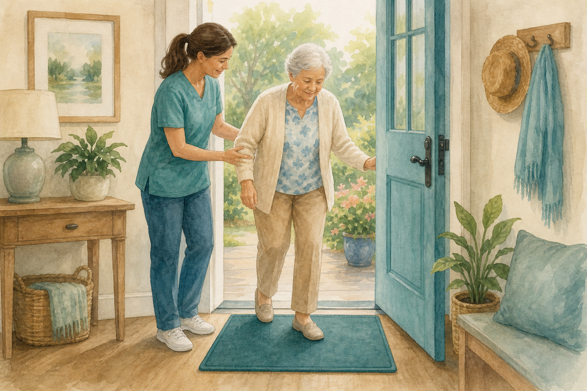 Illustration: flat anti-slip entry mat with a clear walking path beside it.