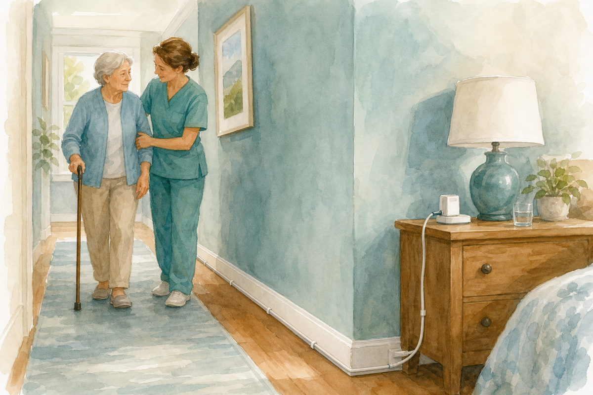 Illustration: home hallway with charging cords routed along a baseboard away from the walking path.