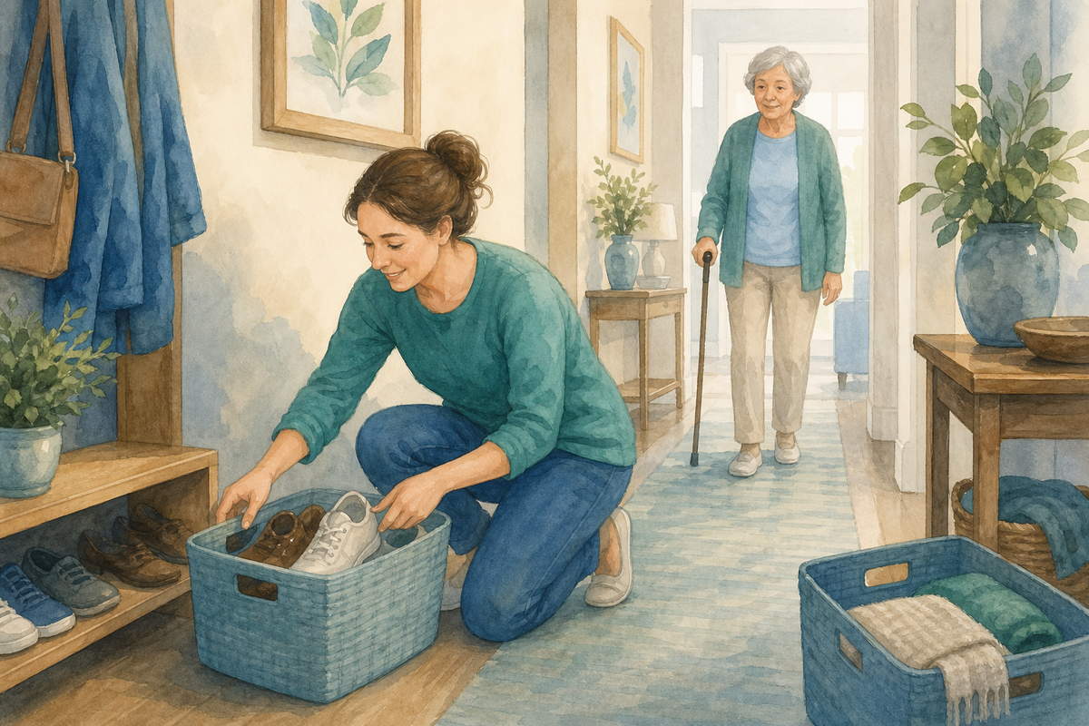 Illustration: family clearing shoes and storage bins from a home hallway walking path.