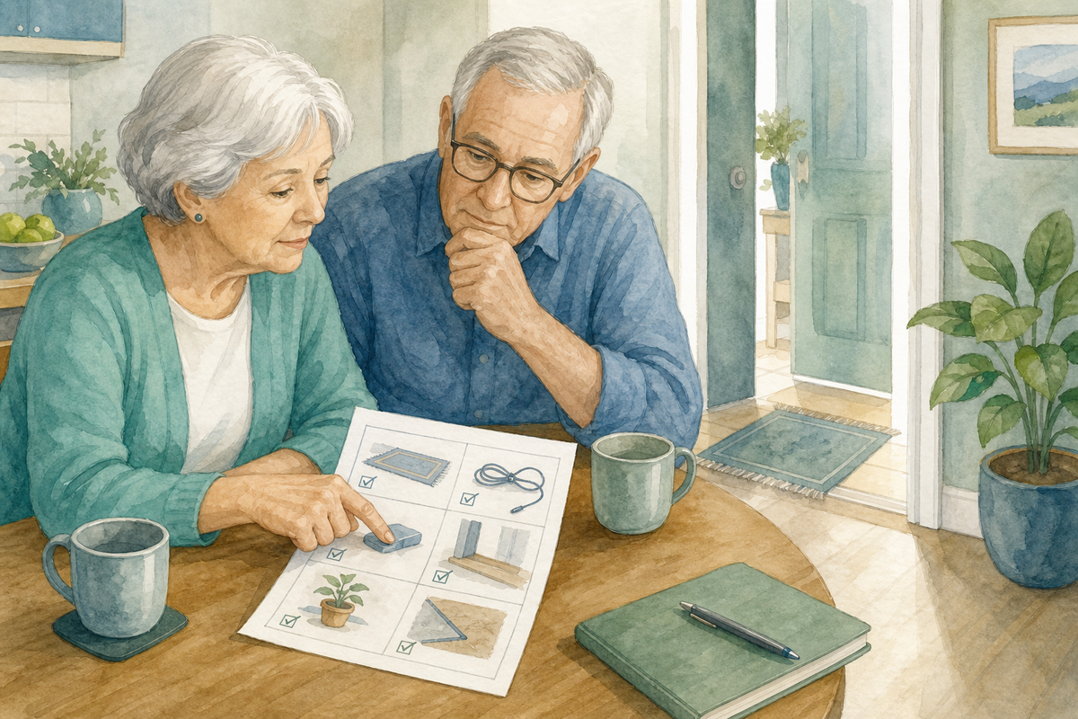 Illustration: older couple reviewing a floor trip-hazard checklist at a kitchen table.