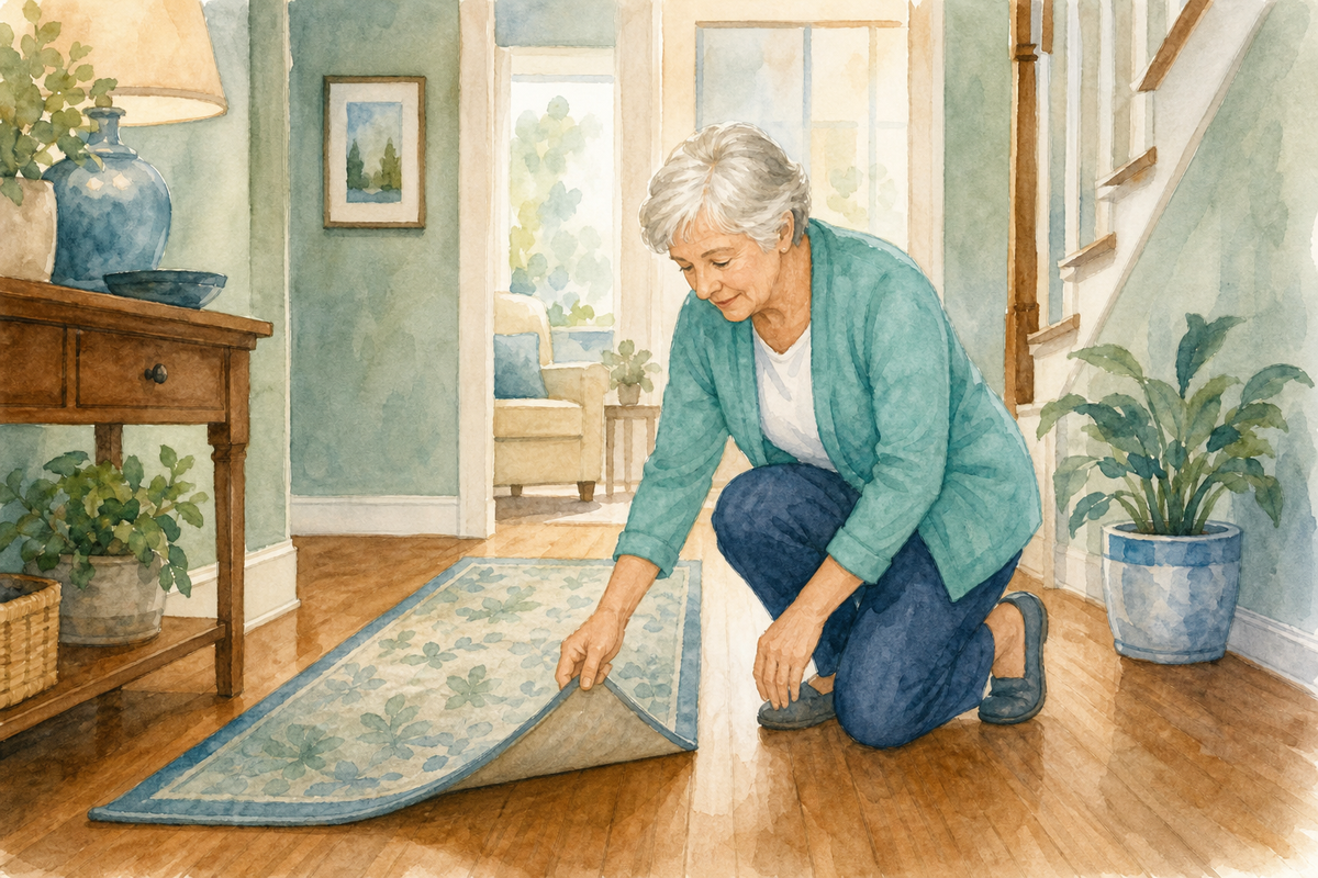 Illustration: older adult checking a hallway rug corner on a hard floor for slip and trip risk.