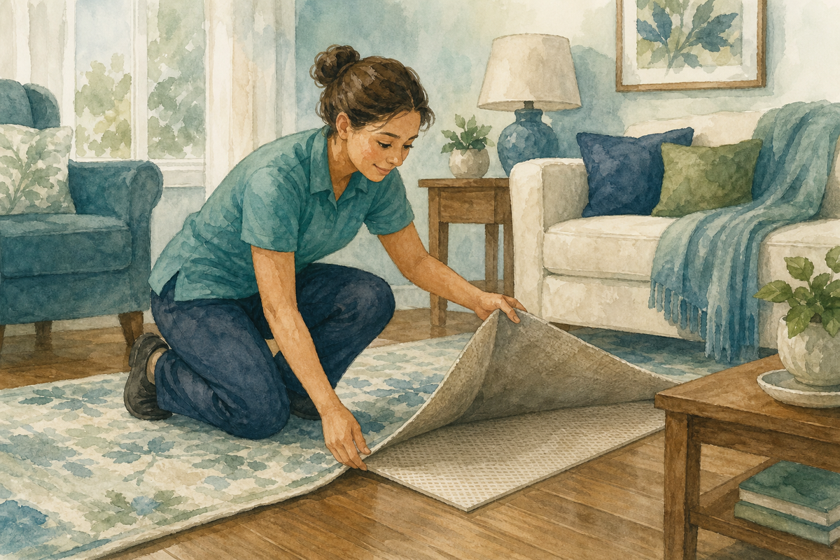 Illustration: caregiver placing a thin rug pad under an area rug on a hard floor at home.