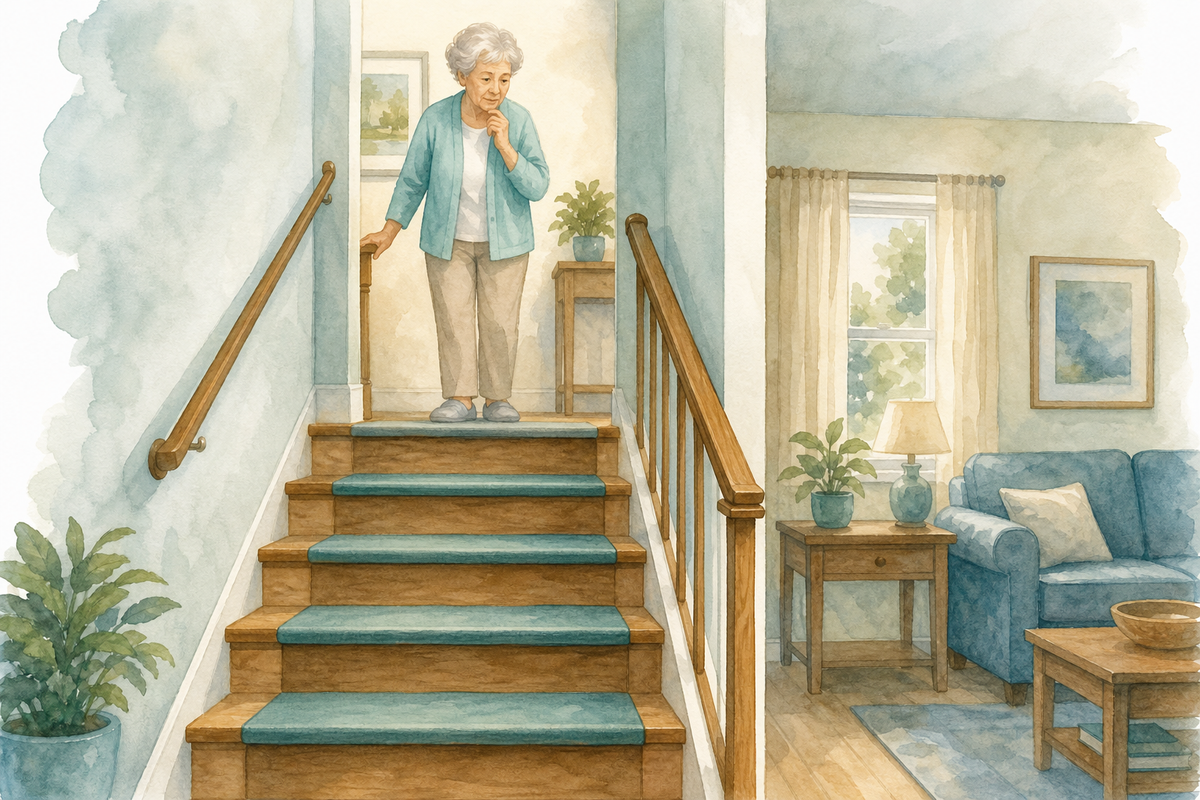 Illustration: indoor staircase with tread coverage planned for clearer footing at home.