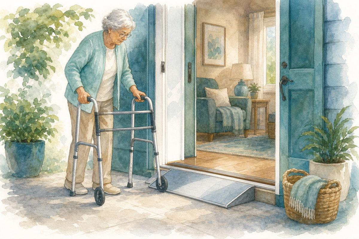 Illustration: doorway threshold with a short ramp for a smoother indoor transition at home.