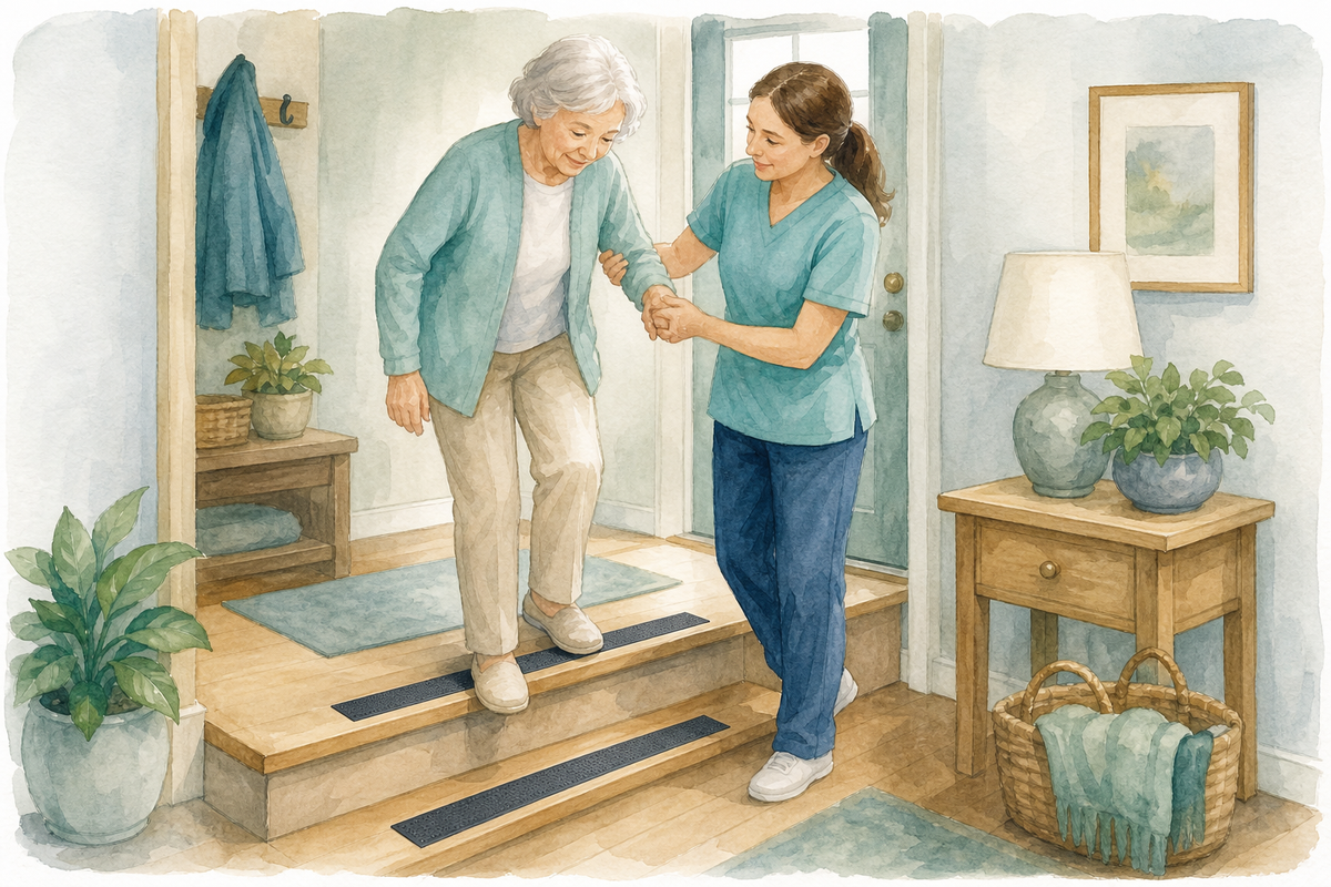 Illustration: traction strips along a small indoor step edge for clearer footing.