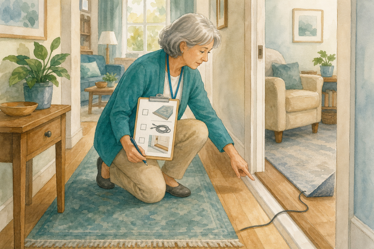 Illustration: caregiver with a checklist walking a home hallway noting rug, cord, and threshold trip hazards.