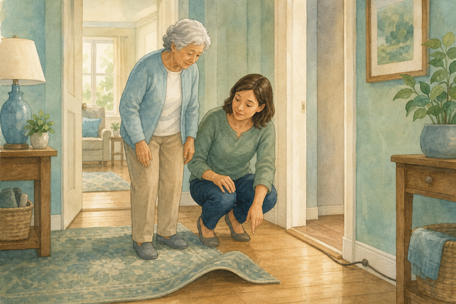 Illustration: older adult and caregiver reviewing rug, cord, and doorway threshold trip hazards in a home hallway.