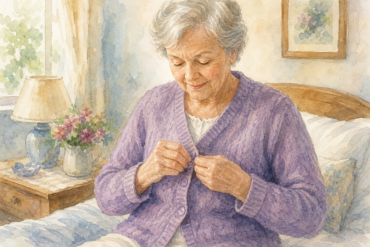 Watercolor illustration: older woman seated on a bed edge fastening a front-closure cardigan with large buttons.