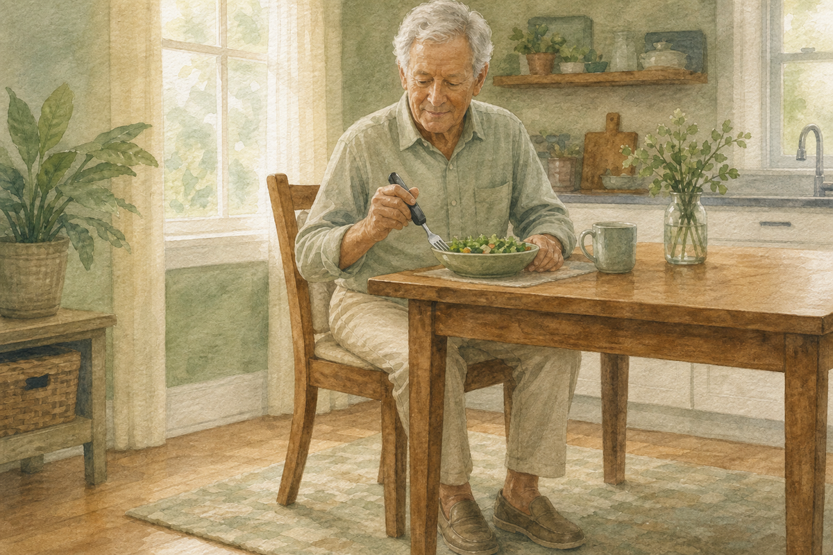 Older adult seated at a dining table holding a built-up grip fork.