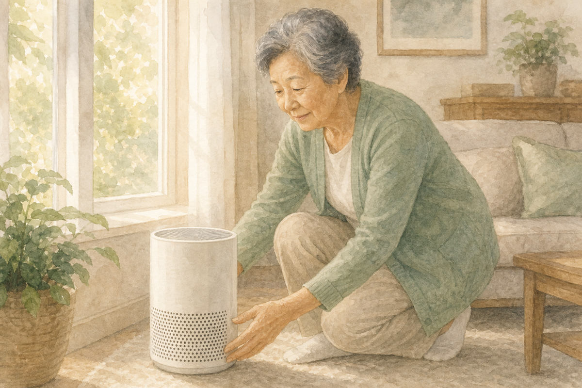 Watercolor illustration: older East Asian woman alone adjusting a compact home air purifier near a sunny living-room window.