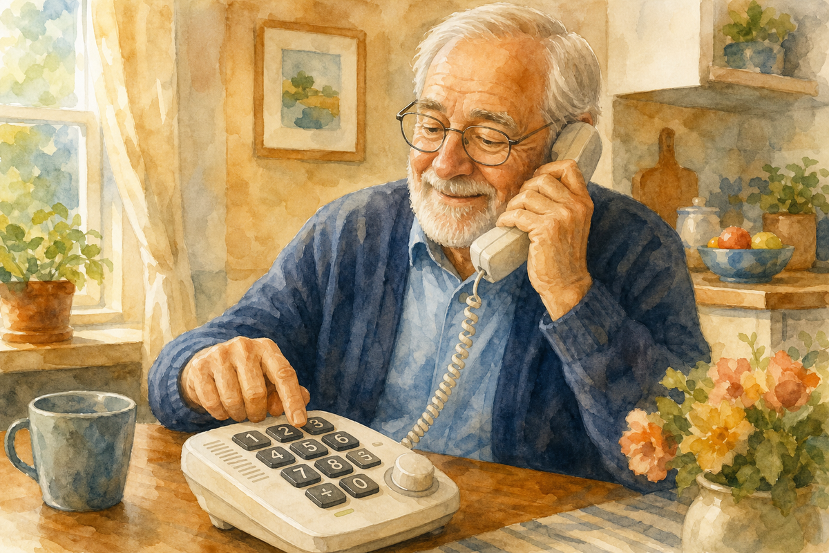 Watercolor illustration: older man at a kitchen table holding a corded phone with a large keypad and volume boost label.