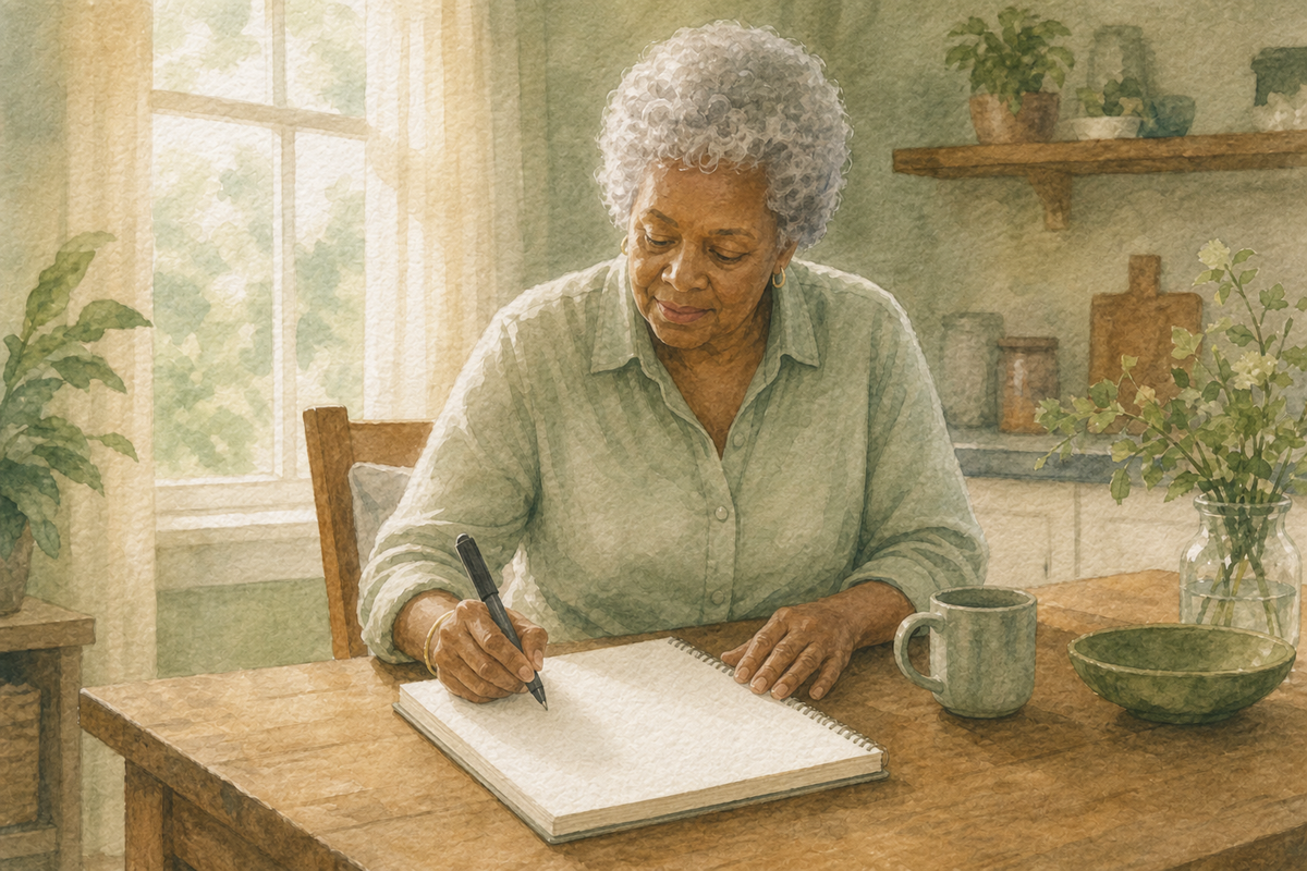 Older adult writing with a thick foam-grip pen at a desk.