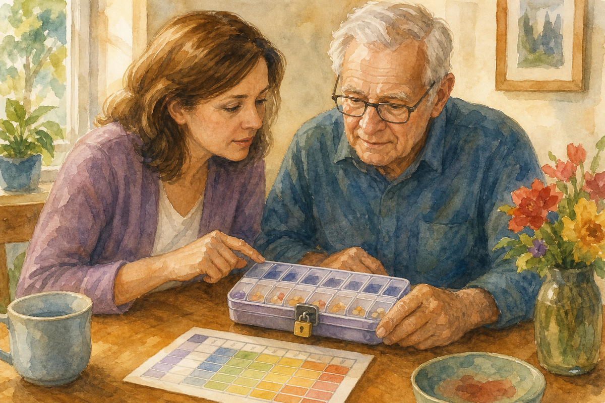 Watercolor illustration: adult child and older parent at a dining table reviewing a locked pill dispenser with a simple weekly schedule card.