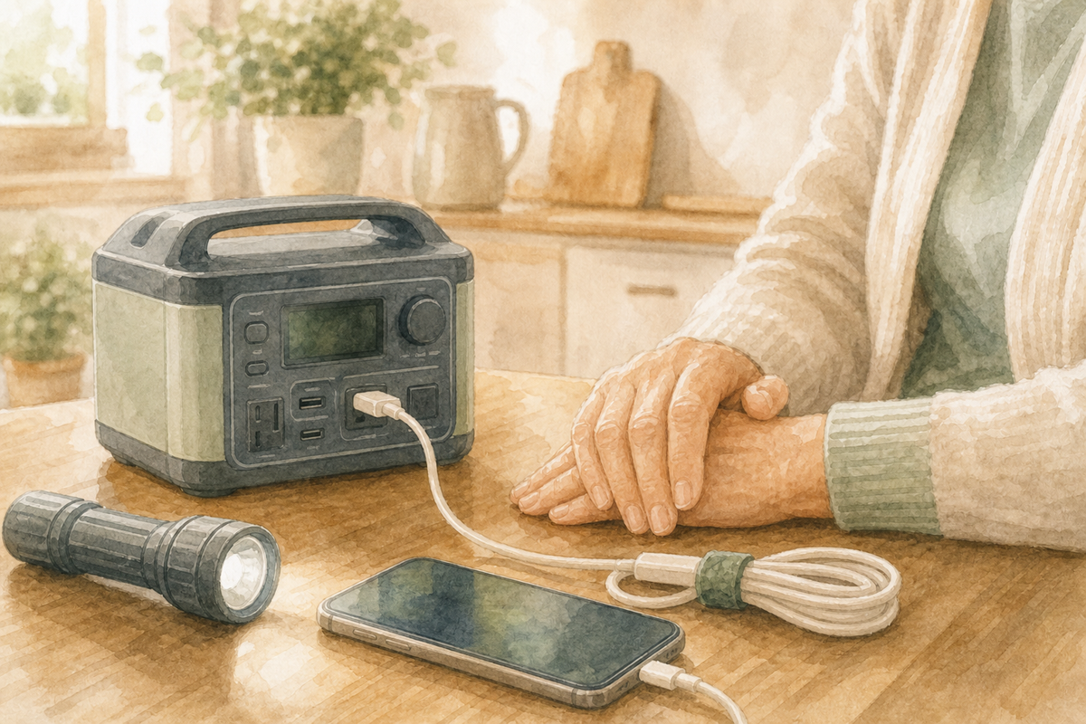 Hands resting near a portable backup power station, flashlight, phone, and bundled charging cable.