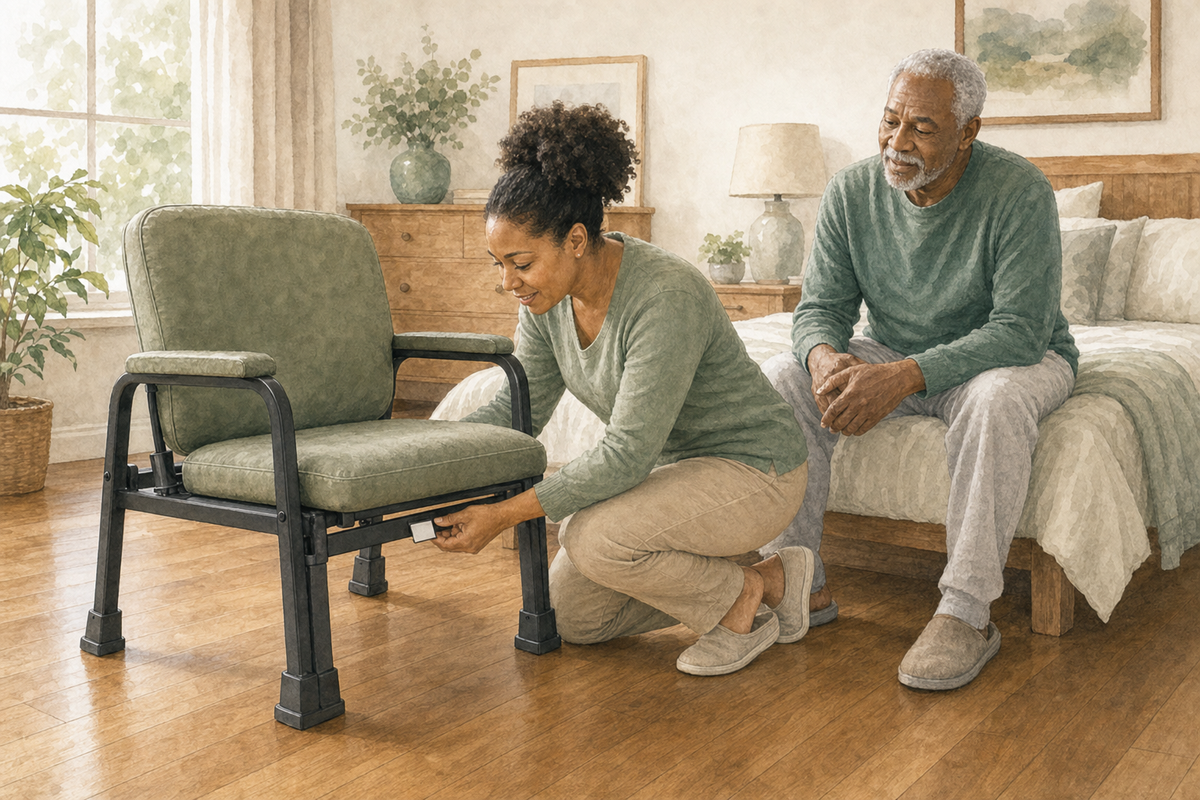 Watercolor illustration of an older man seated on a bed while a caregiver checks a blank capacity label on a wide reinforced chair.