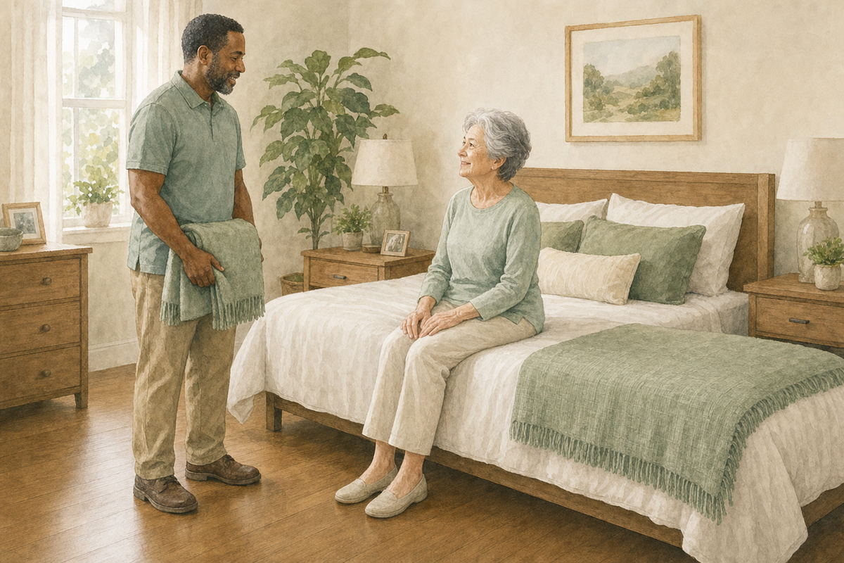 Watercolor illustration of an older woman seated at the edge of a bed with a caregiver nearby holding a folded blanket.