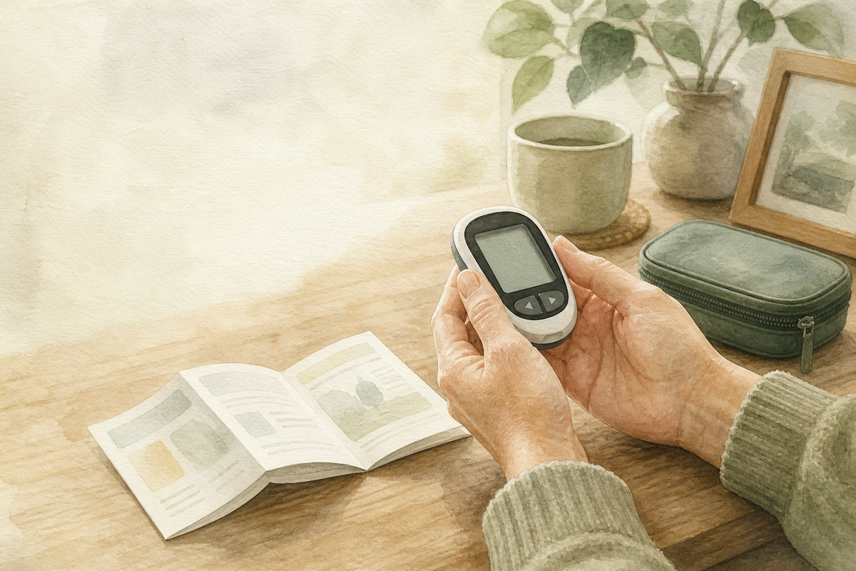 Hands holding a home blood glucose meter beside its instructions and a small supply case on a table.