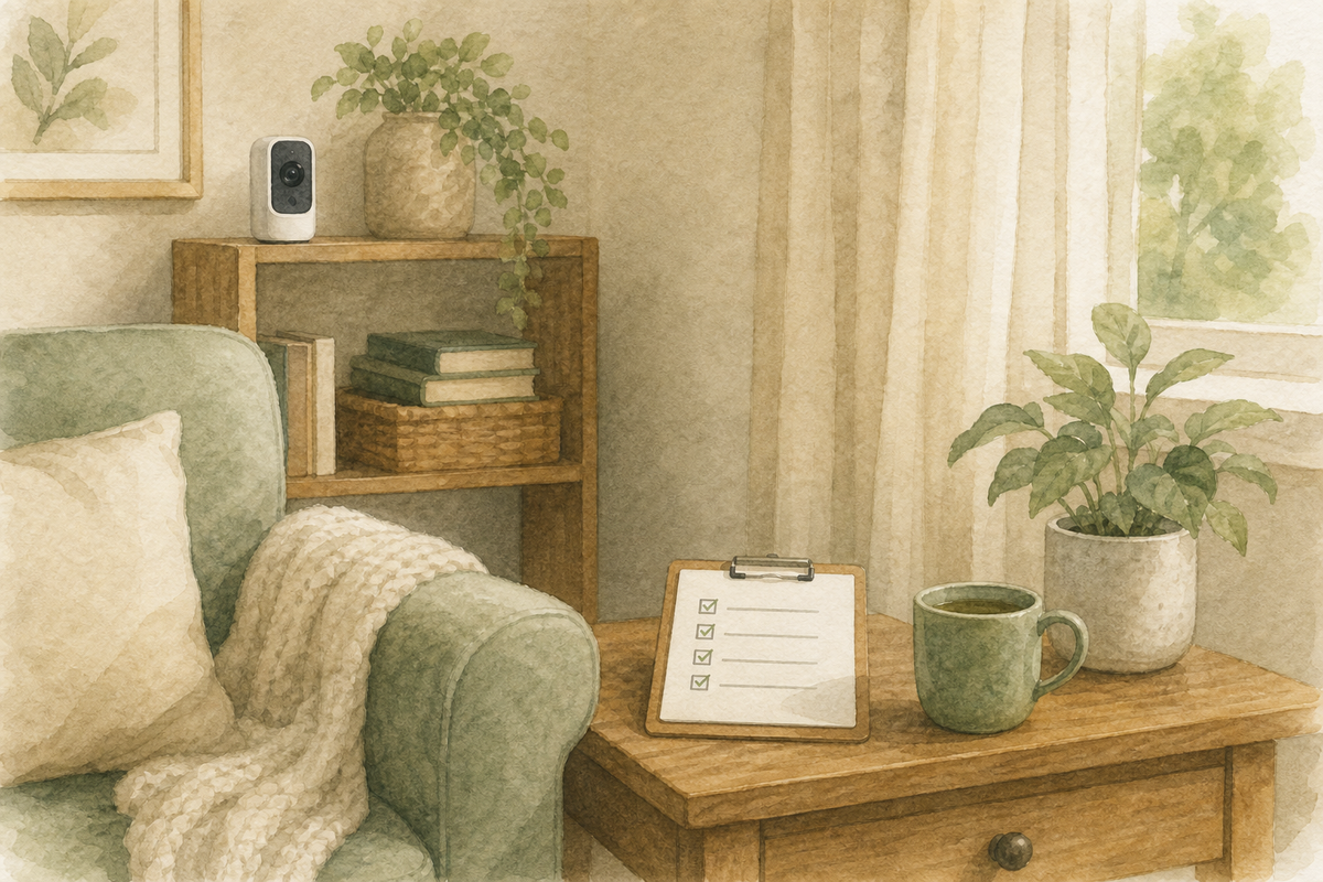 Cameras: Home Care Compass hero illustration for families; warm editorial style; no text in the image.