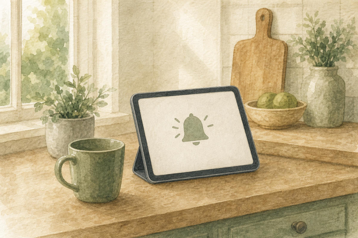 Tablet on a kitchen counter showing a simple notification beside a mug.