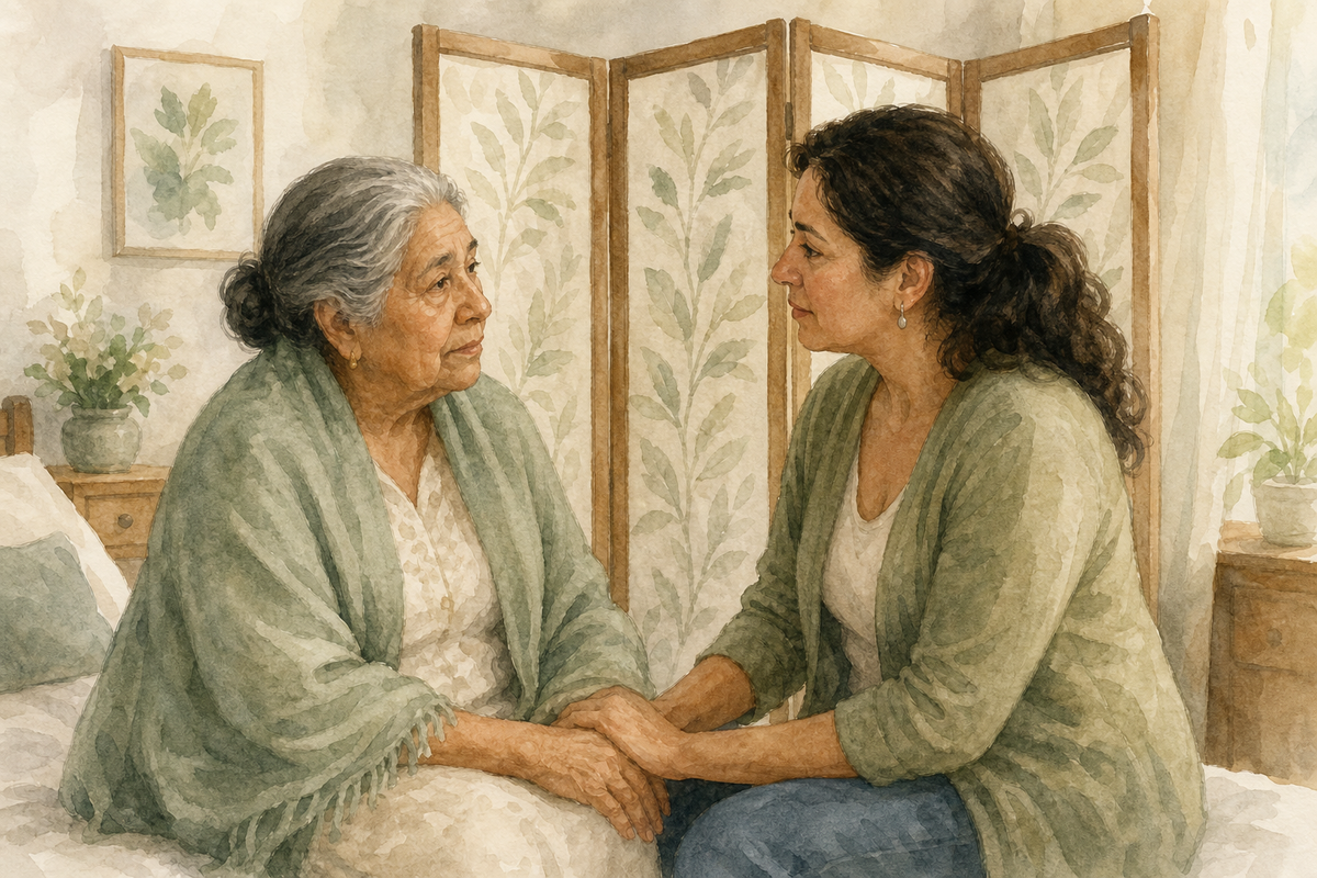 Watercolor illustration of an older woman and a caregiver talking beside a privacy screen.