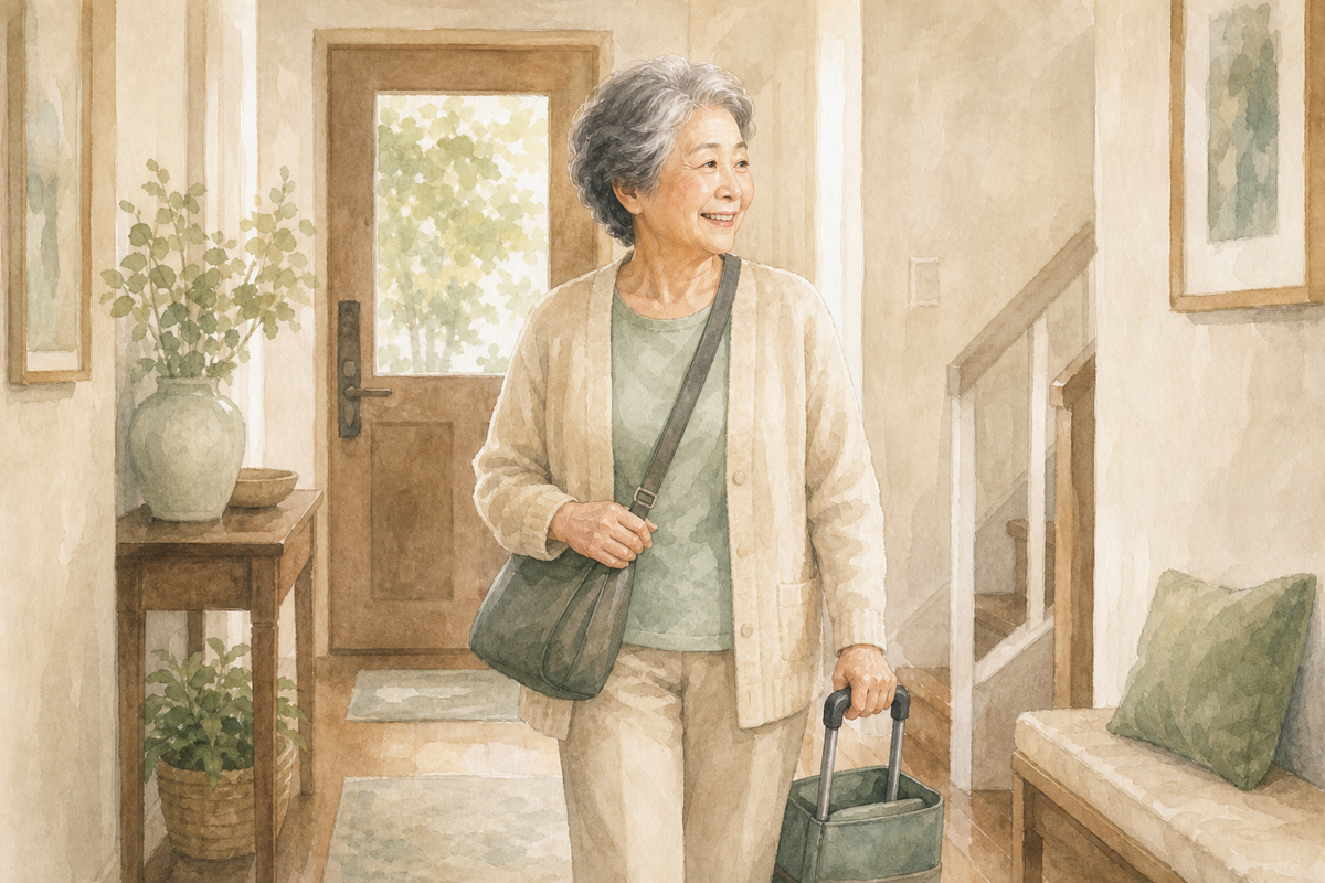 Older adult standing in a hallway with a crossbody bag and a small wheeled tote.