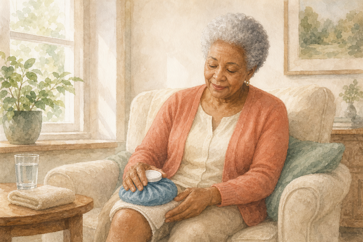 Watercolor illustration: older Black woman alone resting a cloth-covered blue ice pack on her knee in a sunlit living-room armchair.
