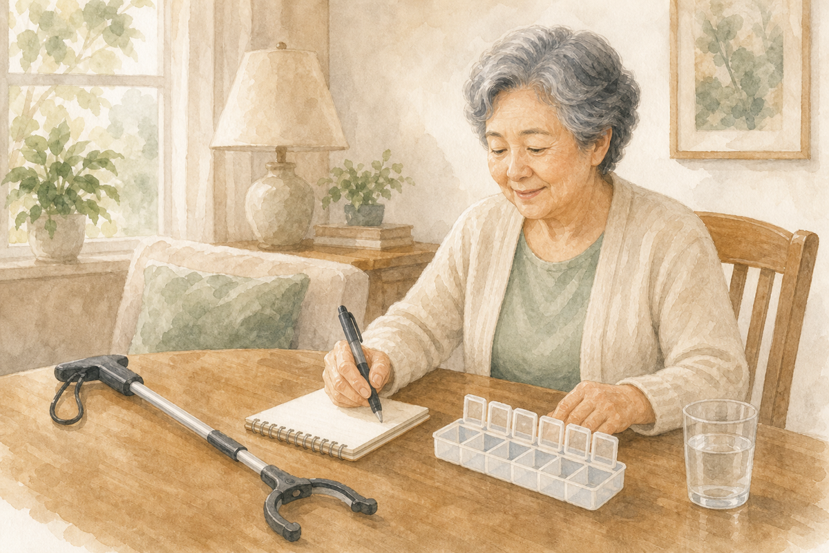 Older adult at a wooden table with a reacher, thick-grip pen, and blank pill organizer.