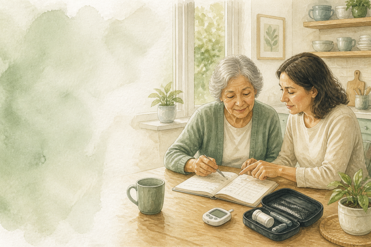 Older adult and caregiver reviewing a glucose log notebook and meter supplies on a kitchen table, with faces calm and unhurried.