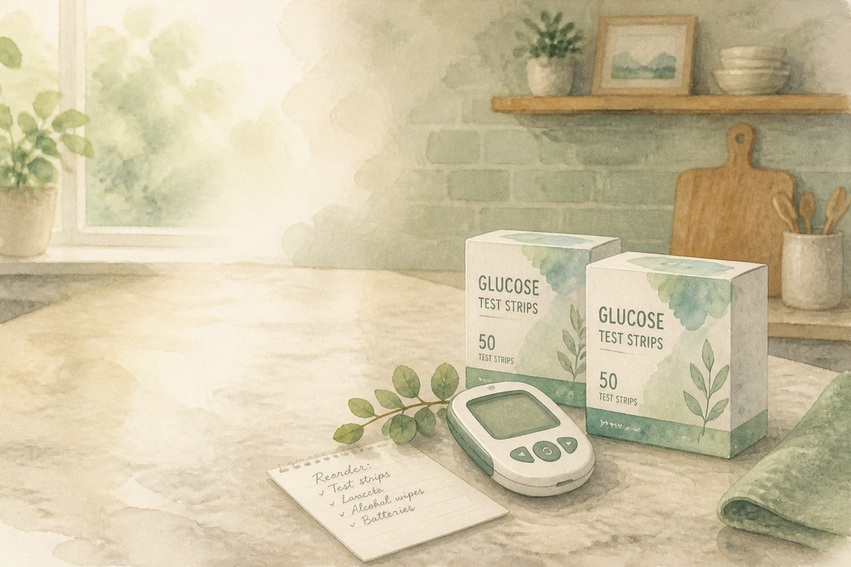 Sealed boxes of glucose test strips beside a meter and a handwritten reorder note on a counter.