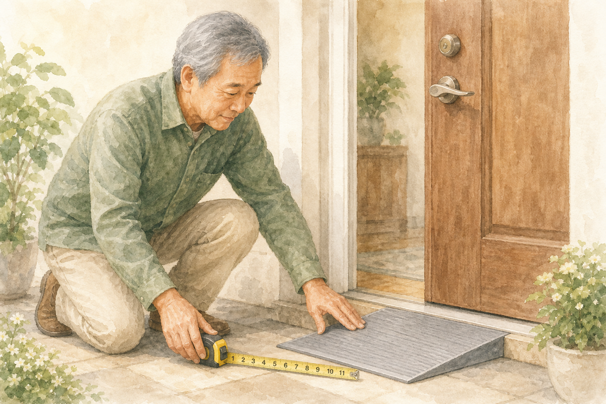 Watercolor illustration: older East Asian man alone reviewing a low exterior doorway threshold ramp with measuring tape nearby.