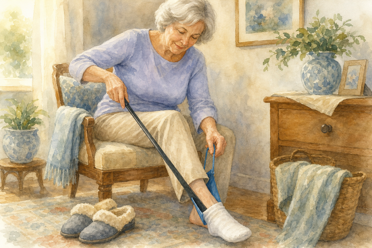 Watercolor illustration: older woman seated on a chair using a long-handled shoehorn and a sock aid on a rug beside her slippers.