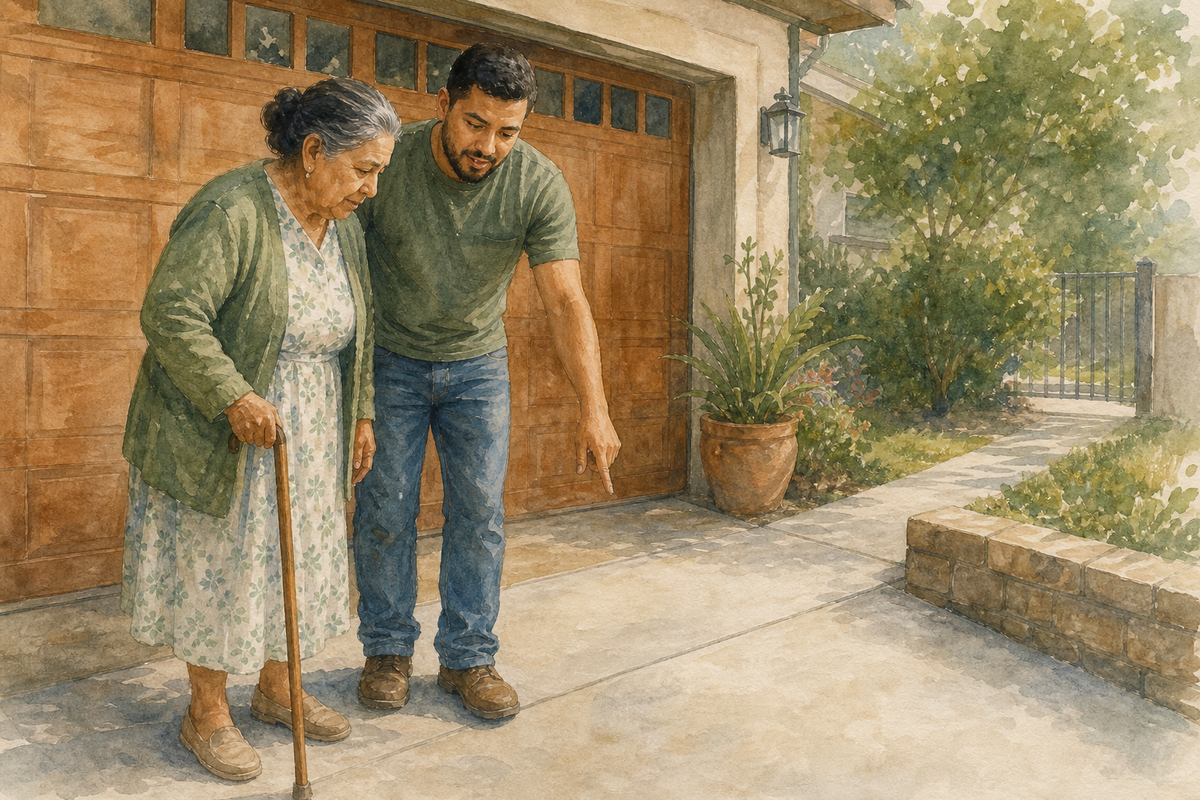 Watercolor illustration: Latina grandmother and adult grandson near a garage apron.