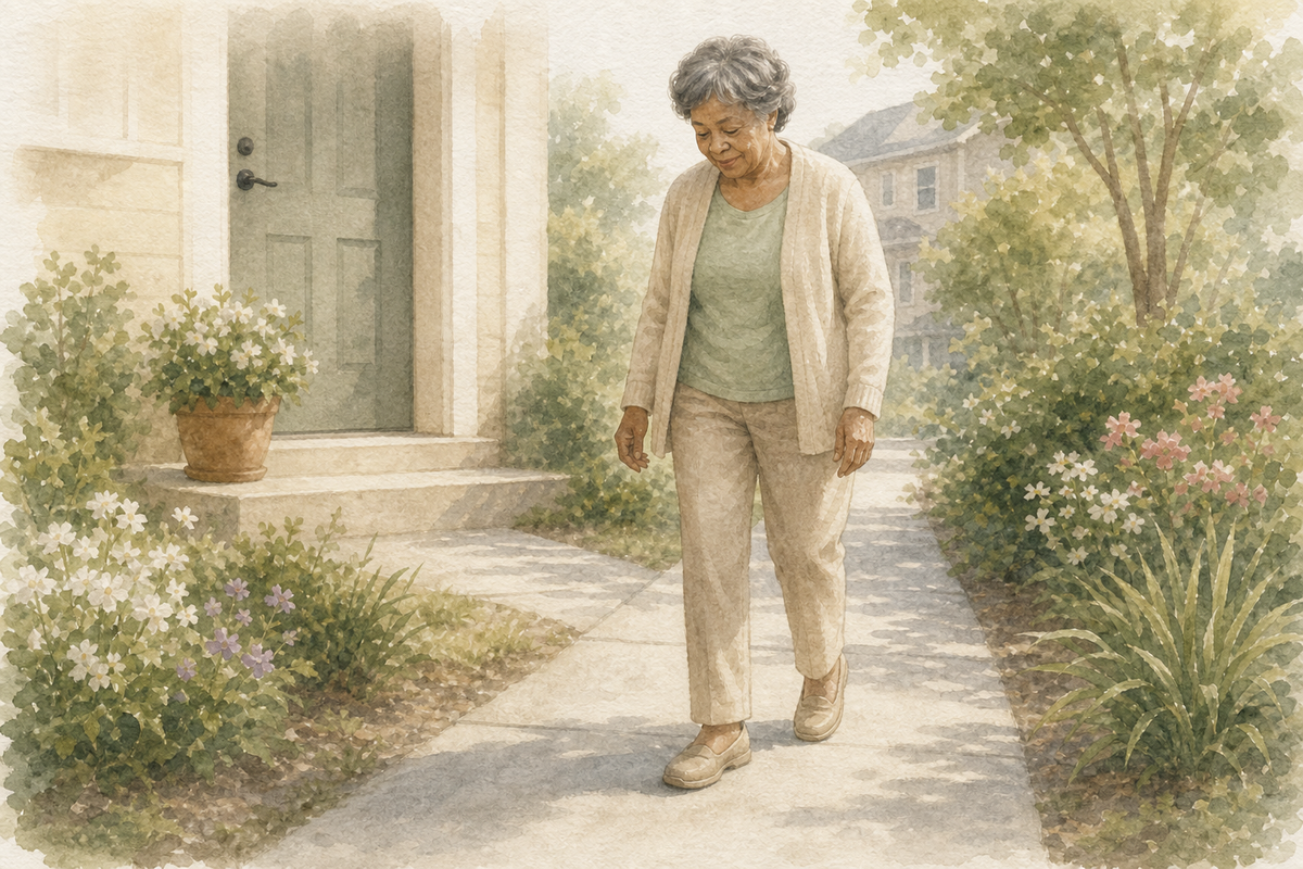 Watercolor illustration: older Black woman alone checking a clear front walkway and door threshold in soft morning light.