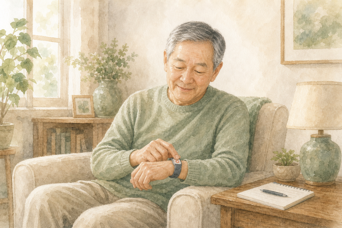 Older adult seated in a living room reviewing a wristband help button beside a notepad, with no pendant in frame.