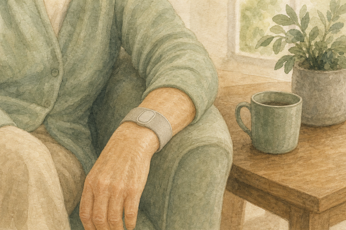 Close-up of a wristband on a seated person's arm beside a side table.