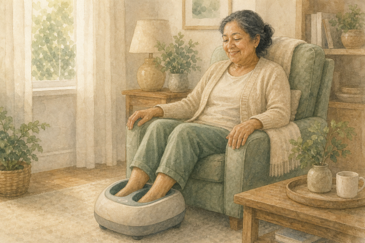 Watercolor illustration: older Latina woman alone resting her feet in a gentle foot massager beside a living-room chair.