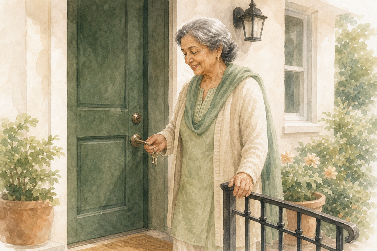 Watercolor illustration: older South Asian woman alone at her front door practicing a clear locking habit.