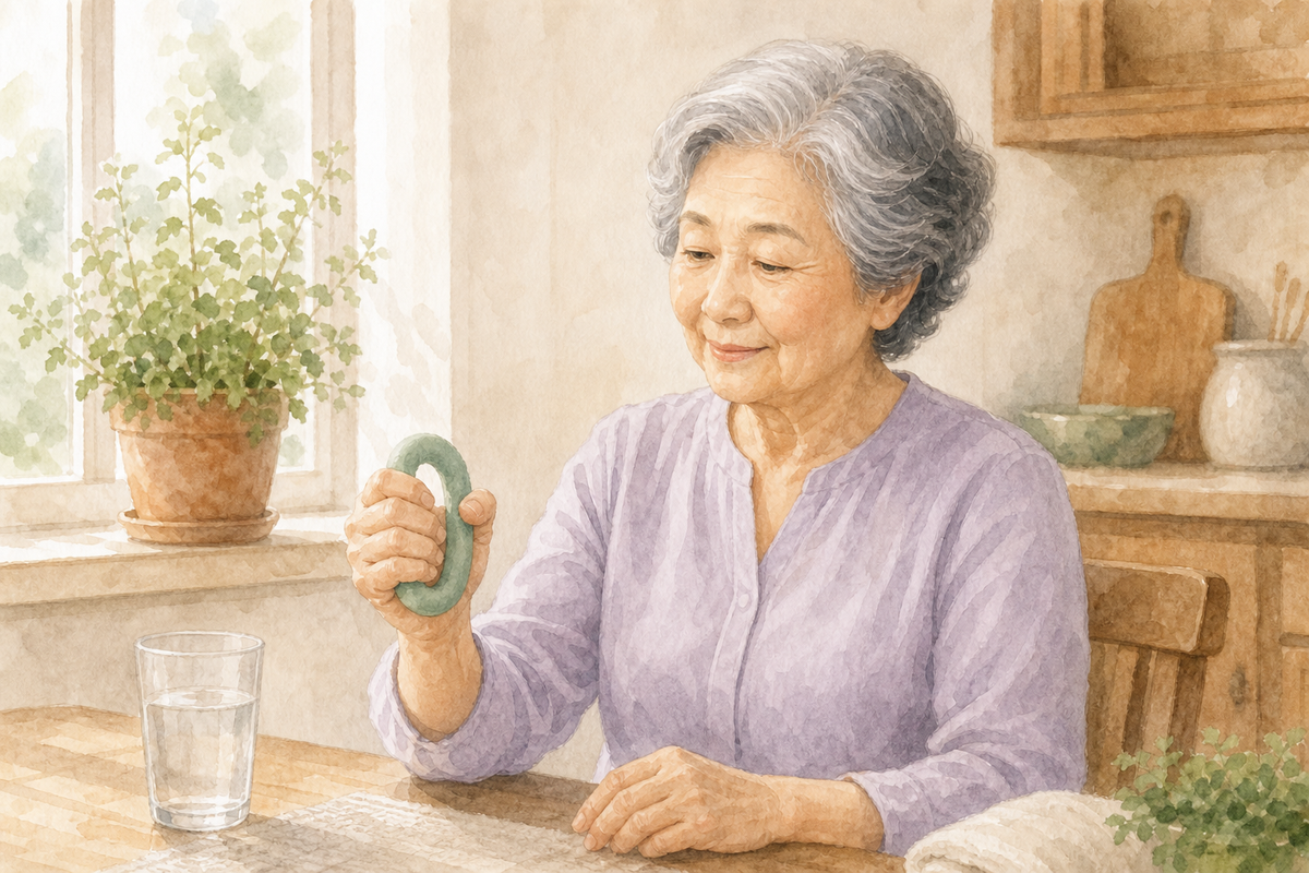 Watercolor illustration: older East Asian woman alone squeezing a soft green foam hand-grip ring at a sunlit kitchen table.