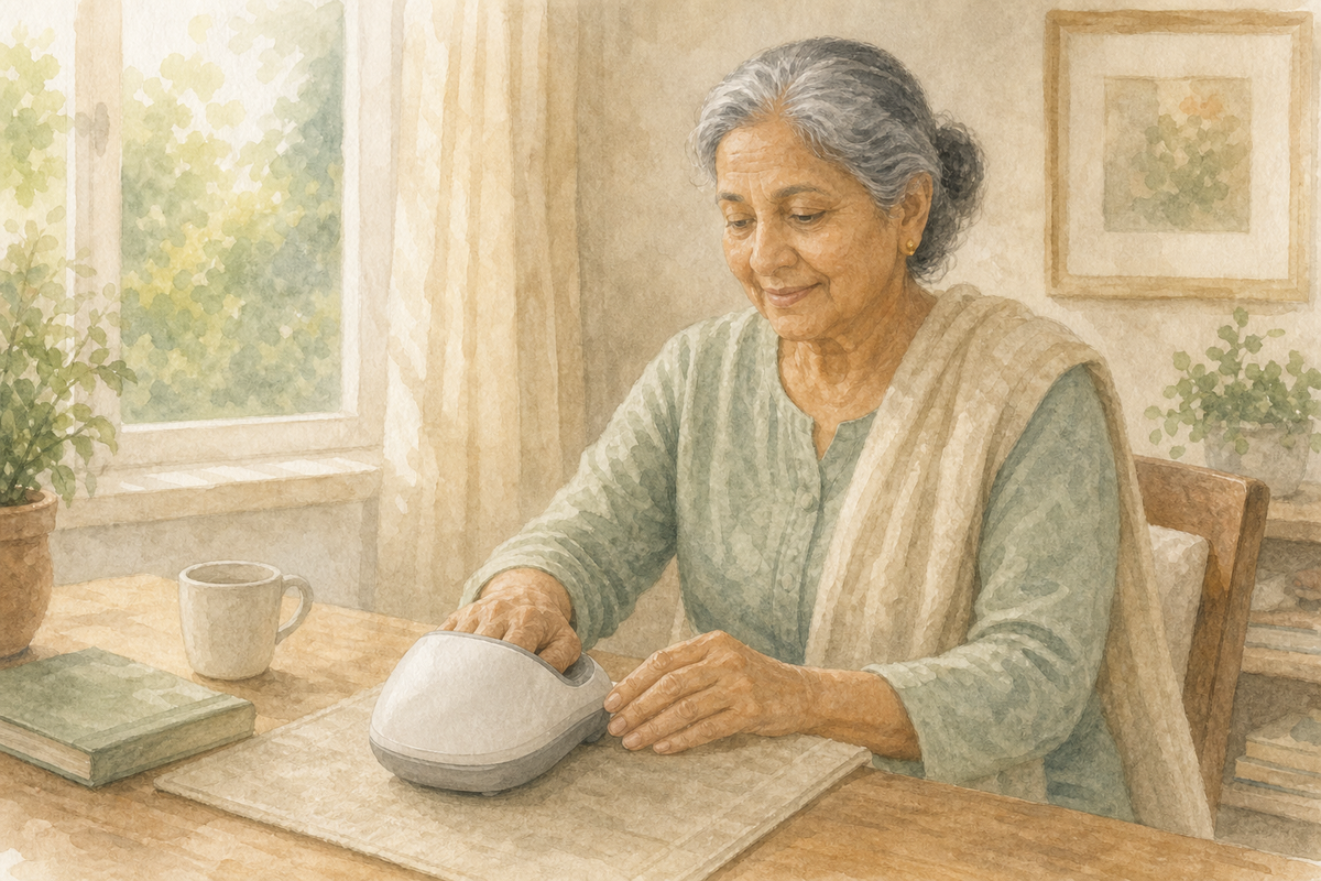 Watercolor illustration: older South Asian woman alone using a compact hand massager at a sunlit desk.