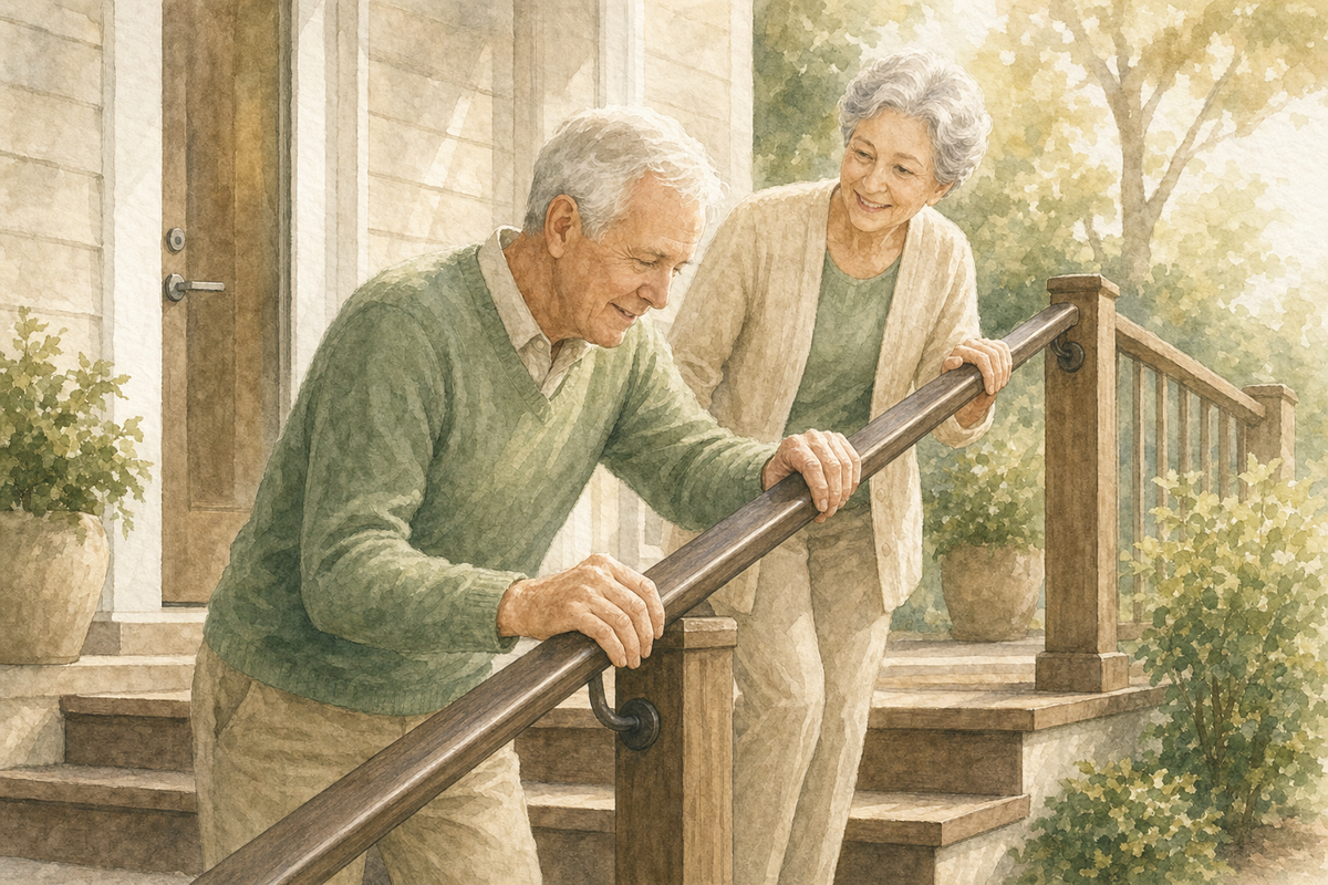 Watercolor illustration: older white couple checking a sturdy exterior handrail on porch steps.