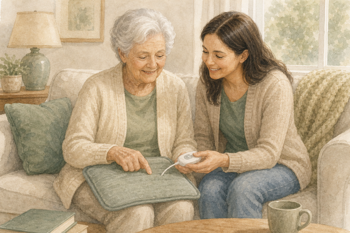 Watercolor illustration: older white woman and adult daughter checking a heating pad’s settings on a living-room sofa.