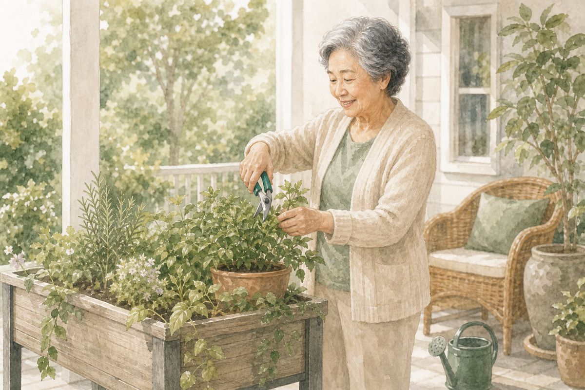 Older adult standing at a porch planter using foam-grip garden clippers on a potted plant.