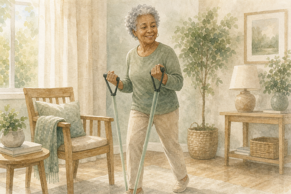 Watercolor illustration: older Black woman alone beside light home exercise bands and a sturdy chair in a bright room.