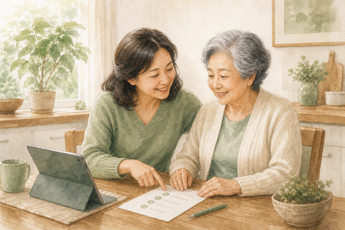 Two adults at a dining table reviewing a simple door-sensor status note beside a tablet and pen.