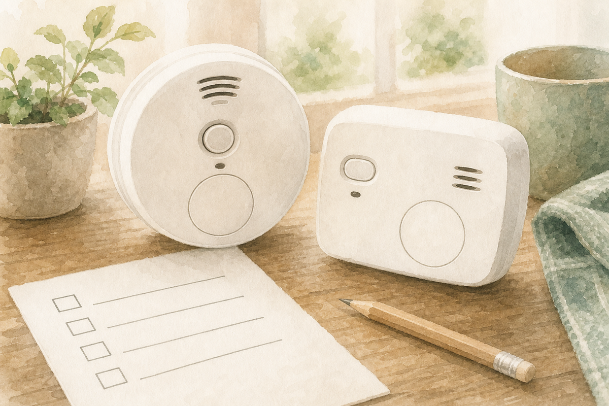 Two home safety alarms beside a paper checklist and pencil.